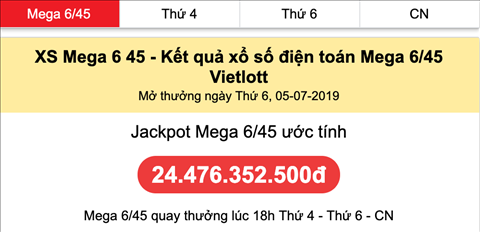Ket qua Mega 6 45 Vietlott 5-7-2019 Thu 6 Ket qua Mega 6 45 Vietlott 5-7-2019 Thu 6